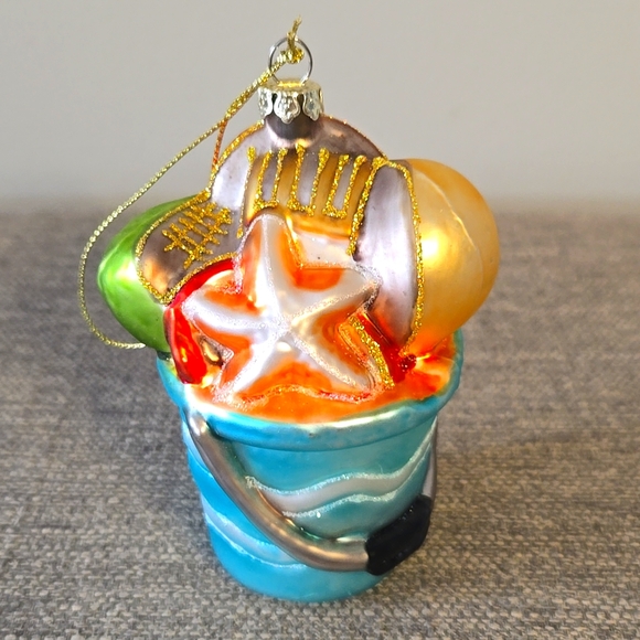 Glass Beach Themed Ornament - Sand Bucket with Starfish & Shells - Picture 1 of 10